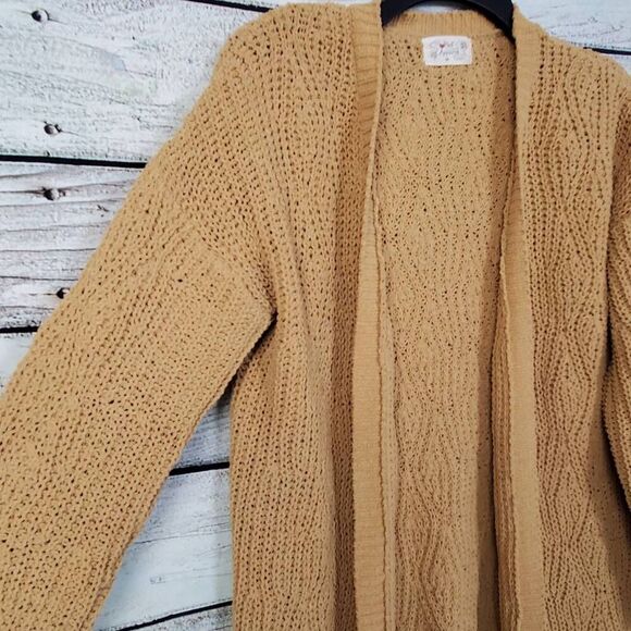 Poof Apparel Tan Chenille Longline Open Front Cardigan Sweater Women’s Size M - Picture 2 of 8